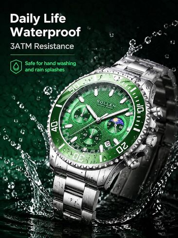 Men's Green Chronograph Watch, Analog Quartz Watch with Moon Phase and Date Display, Stainless Steel Dress Watch for Men, Business Casual Water-Resistant Men's Watch 42.5mm in Saudi Arabia
