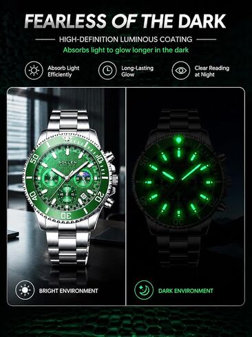 Men's Green Chronograph Watch, Analog Quartz Watch with Moon Phase and Date Display, Stainless Steel Dress Watch for Men, Business Casual Water-Resistant Men's Watch 42.5mm in Saudi Arabia