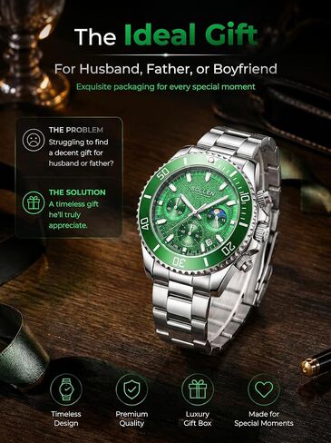 Men's Green Chronograph Watch, Analog Quartz Watch with Moon Phase and Date Display, Stainless Steel Dress Watch for Men, Business Casual Water-Resistant Men's Watch 42.5mm in Saudi Arabia