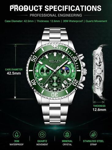 Men's Green Chronograph Watch, Analog Quartz Watch with Moon Phase and Date Display, Stainless Steel Dress Watch for Men, Business Casual Water-Resistant Men's Watch 42.5mm in Saudi Arabia