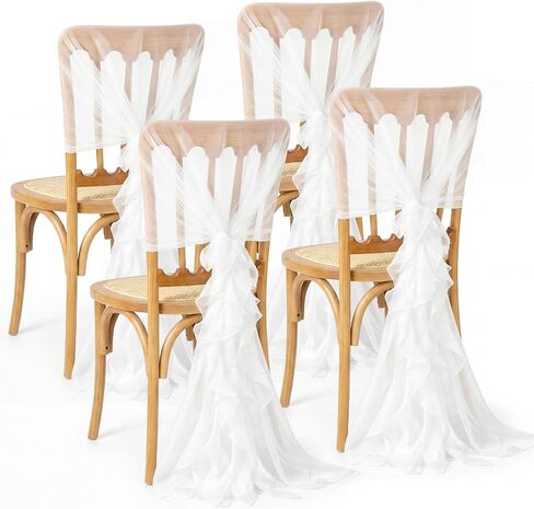 Moukeren 4 Pcs White Tulle Chair Sashes Set Wedding Decorations Chair Covers Bridal Baby Shower Party Banquet Ceremony Reception Dining Sash Covers in Kuwait