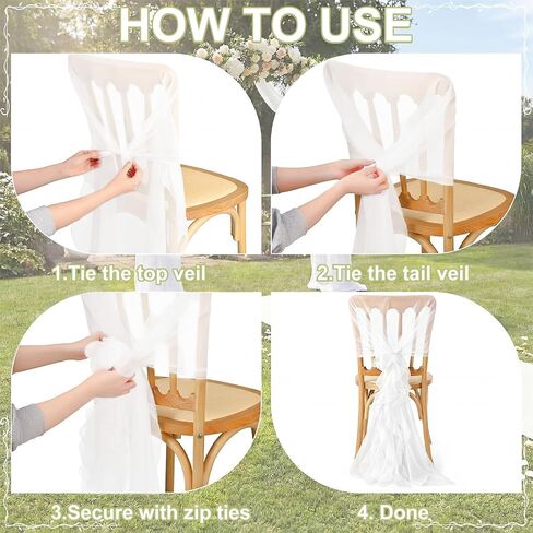 Moukeren 4 Pcs White Tulle Chair Sashes Set Wedding Decorations Chair Covers Bridal Baby Shower Party Banquet Ceremony Reception Dining Sash Covers in Kuwait