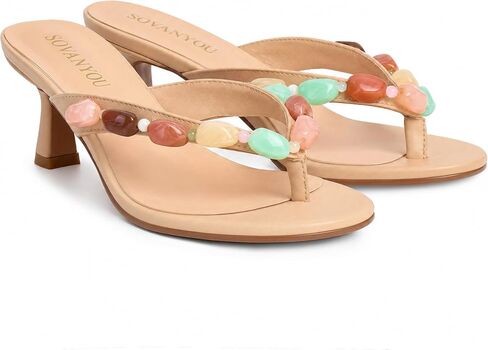 SOVANYOU Womens Jeweled Kitten Heels Beaded Flip Flop Sandals Slip On Stone Thong Heels Summer Party Vacation Heel Sandals in Saudi Arabia