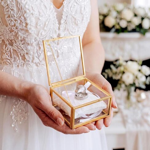 Nosiny Wedding Glass Ring Box with Linen Ring Pillow Copper Gold Vintage Glass Jewelry Keepsake Box 3.15 x 3.15 x 1.81 Inch and the Two Become One Decorative Case Lidded Display Organizer Home Decor in Kuwait