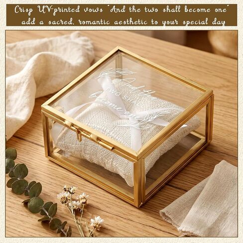 Nosiny Wedding Glass Ring Box with Linen Ring Pillow Copper Gold Vintage Glass Jewelry Keepsake Box 3.15 x 3.15 x 1.81 Inch and the Two Become One Decorative Case Lidded Display Organizer Home Decor in Kuwait