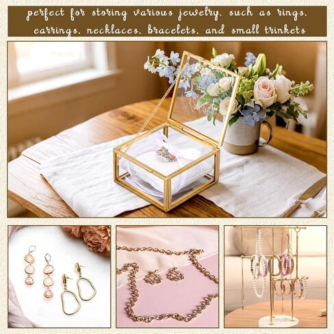 Nosiny Wedding Glass Ring Box with Linen Ring Pillow Copper Gold Vintage Glass Jewelry Keepsake Box 3.15 x 3.15 x 1.81 Inch and the Two Become One Decorative Case Lidded Display Organizer Home Decor in Kuwait
