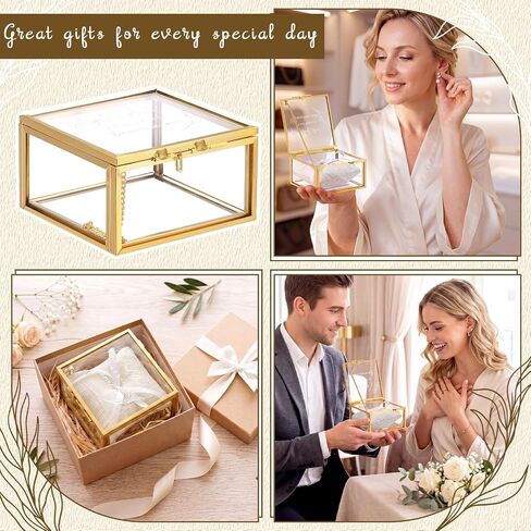 Nosiny Wedding Glass Ring Box with Linen Ring Pillow Copper Gold Vintage Glass Jewelry Keepsake Box 3.15 x 3.15 x 1.81 Inch and the Two Become One Decorative Case Lidded Display Organizer Home Decor in Kuwait