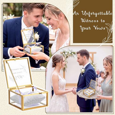Nosiny Wedding Glass Ring Box with Linen Ring Pillow Copper Gold Vintage Glass Jewelry Keepsake Box 3.15 x 3.15 x 1.81 Inch and the Two Become One Decorative Case Lidded Display Organizer Home Decor in Kuwait