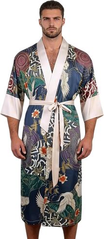 Mens Lightweight Soft Satin Kimono Lounge Bath Robe for Summer | Relaxed Fit with 3/4 Sleeves. Packs Compactly for Travel, Hotel Stays and Everyday Leisure. Spa, Pool and Beach Use in Saudi Arabia