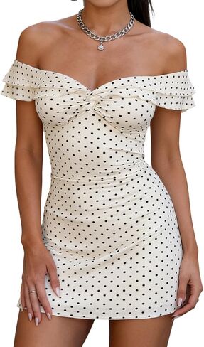 WenaZao Womens Polka Dot Mini Dress Off The Shoulder Twist Front Frill Trim Bodycon Short Dresses Party Cocktail Sundress in Kuwait