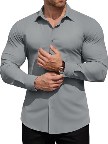 Men's High-Stretch Dress Shirts Muscle Fit Wrinkle Free Long Sleeve Slim Fit Business Casual Button Down Shirt in Saudi Arabia