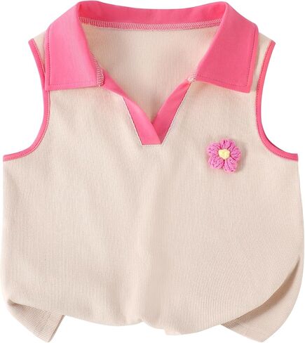 Girls Rib Knit Tank Top Sleeveless Polo Shirt Summer V Neck Top with Flower in Saudi Arabia