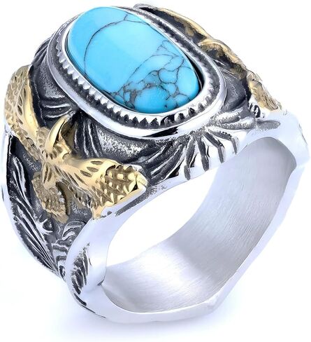 JWM Two Tone Gold Silver Stainless Steel Men Ring, Retro Eagle Engraved Band with Natural Blue Turquoise Stone, Western Cowboy Biker Punk Jewelry for Men Gifts in Kuwait