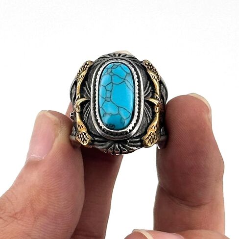 JWM Two Tone Gold Silver Stainless Steel Men Ring, Retro Eagle Engraved Band with Natural Blue Turquoise Stone, Western Cowboy Biker Punk Jewelry for Men Gifts in Kuwait
