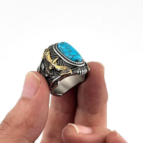 JWM Two Tone Gold Silver Stainless Steel Men Ring, Retro Eagle Engraved Band with Natural Blue Turquoise Stone, Western Cowboy Biker Punk Jewelry for Men Gifts in Kuwait