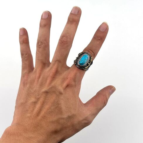 JWM Two Tone Gold Silver Stainless Steel Men Ring, Retro Eagle Engraved Band with Natural Blue Turquoise Stone, Western Cowboy Biker Punk Jewelry for Men Gifts in Kuwait