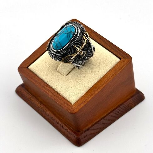 JWM Two Tone Gold Silver Stainless Steel Men Ring, Retro Eagle Engraved Band with Natural Blue Turquoise Stone, Western Cowboy Biker Punk Jewelry for Men Gifts in Kuwait