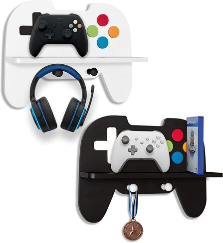 Gaming Room Decor Floating Shelves Set of 2, Controller Wall Shelf with Headphone Hooks, Gamer Wall Decor for Teen Boys Bedroom, Black & White in Saudi Arabia