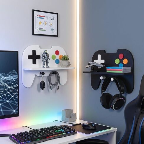 Gaming Room Decor Floating Shelves Set of 2, Controller Wall Shelf with Headphone Hooks, Gamer Wall Decor for Teen Boys Bedroom, Black & White in Saudi Arabia