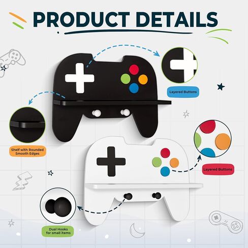 Gaming Room Decor Floating Shelves Set of 2, Controller Wall Shelf with Headphone Hooks, Gamer Wall Decor for Teen Boys Bedroom, Black & White in Saudi Arabia