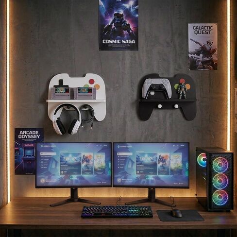 Gaming Room Decor Floating Shelves Set of 2, Controller Wall Shelf with Headphone Hooks, Gamer Wall Decor for Teen Boys Bedroom, Black & White in Saudi Arabia