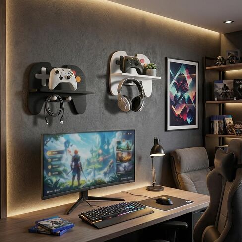 Gaming Room Decor Floating Shelves Set of 2, Controller Wall Shelf with Headphone Hooks, Gamer Wall Decor for Teen Boys Bedroom, Black & White in Saudi Arabia