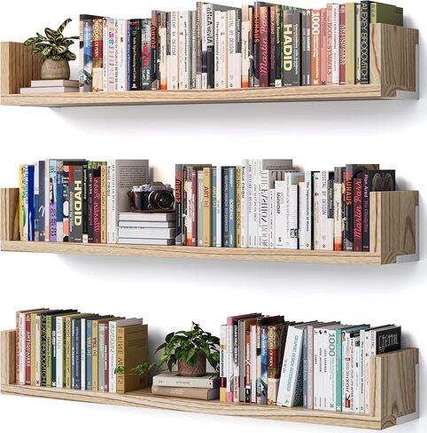 Wall Bookshelf, Set of 3, 36 Inches U Shaped Wall Shelves, Long Deep Floating Shelves, Large Floating Book Shelves - Wood Hanging Bookshelves for Kitchen, Bedroom (Light Brown, 35.4 Inches) in Saudi Arabia