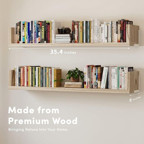 Wall Bookshelf, Set of 3, 36 Inches U Shaped Wall Shelves, Long Deep Floating Shelves, Large Floating Book Shelves - Wood Hanging Bookshelves for Kitchen, Bedroom (Light Brown, 35.4 Inches) in Saudi Arabia