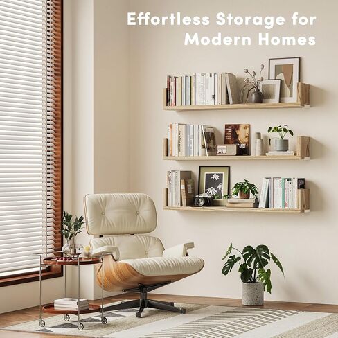 Wall Bookshelf, Set of 3, 36 Inches U Shaped Wall Shelves, Long Deep Floating Shelves, Large Floating Book Shelves - Wood Hanging Bookshelves for Kitchen, Bedroom (Light Brown, 35.4 Inches) in Saudi Arabia