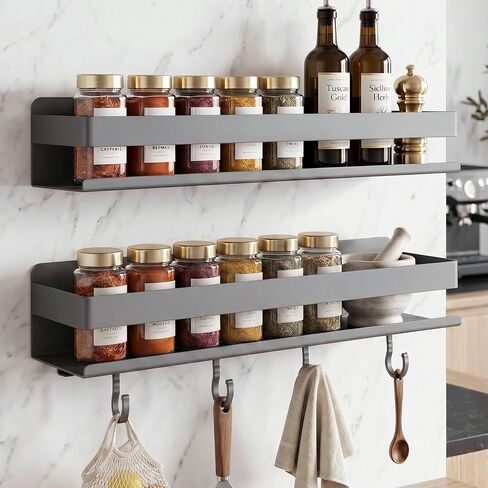 2-Pack Wall Mount Spice Rack,Easy to Install on the anywhere,Carbon Steel Kitchen Organizer with Hooks for Oil Salt Seasonings&Bathroom Toiletries,Grey in Saudi Arabia