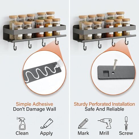 2-Pack Wall Mount Spice Rack,Easy to Install on the anywhere,Carbon Steel Kitchen Organizer with Hooks for Oil Salt Seasonings&Bathroom Toiletries,Grey in Saudi Arabia