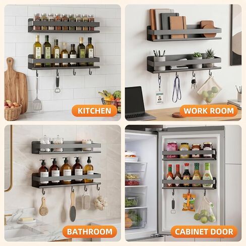 2-Pack Wall Mount Spice Rack,Easy to Install on the anywhere,Carbon Steel Kitchen Organizer with Hooks for Oil Salt Seasonings&Bathroom Toiletries,Grey in Saudi Arabia