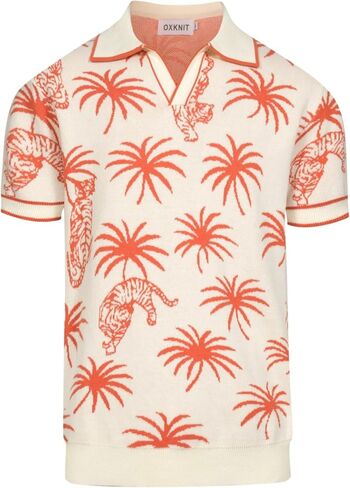 OXKNIT Men's Knit Polo Shirts, Retro Tiger Coconut Trees Pattern Short Sleeves Casual V-Neck Short Shirts, White in Saudi Arabia