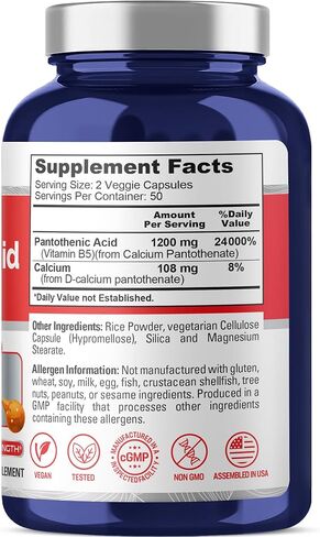 NusaPure Vitamin B5 Pantothenic Acid 1,200mg Per Serving 100 Caps Vegetarians Vegans, Non-GMO Dietary Supplement in Kuwait