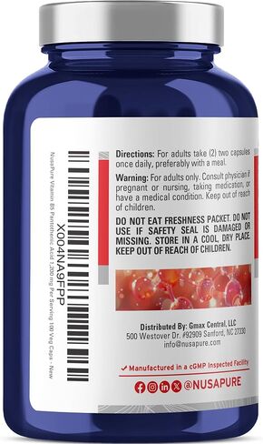 NusaPure Vitamin B5 Pantothenic Acid 1,200mg Per Serving 100 Caps Vegetarians Vegans, Non-GMO Dietary Supplement in Kuwait