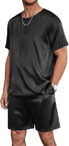 Mens Pajama Set Short Sleeve Sleepwear Set Satin Lounge Set Two Piece Pajama Shorts Summer Homewear in Kuwait