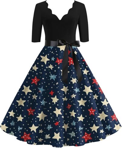 4Th of July Dress Women Patriotic USA Flag 3/4 Sleeve Sweetheart Neck Stars Stripes Swing Belted Midi Sundress in Saudi Arabia