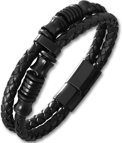 Men’s Double-Row Braided Leather Bracelet with Stainless Steel Ornaments – Black Leather Wristband Bangle in Saudi Arabia