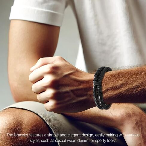 Men’s Double-Row Braided Leather Bracelet with Stainless Steel Ornaments – Black Leather Wristband Bangle in Saudi Arabia