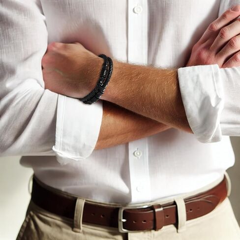 Men’s Double-Row Braided Leather Bracelet with Stainless Steel Ornaments – Black Leather Wristband Bangle in Saudi Arabia
