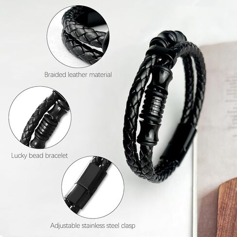 Men’s Double-Row Braided Leather Bracelet with Stainless Steel Ornaments – Black Leather Wristband Bangle in Saudi Arabia