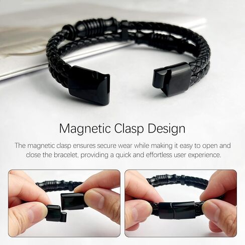 Men’s Double-Row Braided Leather Bracelet with Stainless Steel Ornaments – Black Leather Wristband Bangle in Saudi Arabia