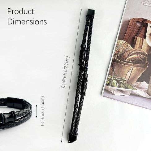 Men’s Double-Row Braided Leather Bracelet with Stainless Steel Ornaments – Black Leather Wristband Bangle in Saudi Arabia