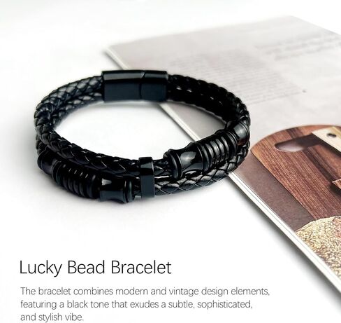 Men’s Double-Row Braided Leather Bracelet with Stainless Steel Ornaments – Black Leather Wristband Bangle in Saudi Arabia