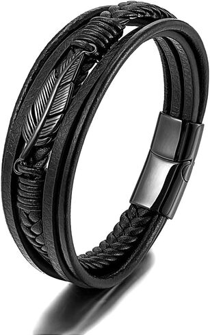 Vanski Mens Multilayer Braided Leather Bracelet Stainless Steel Angel Wing Feather Bracelet for Men (Gold (Updated Clasp), Inches, 8.26) in Saudi Arabia