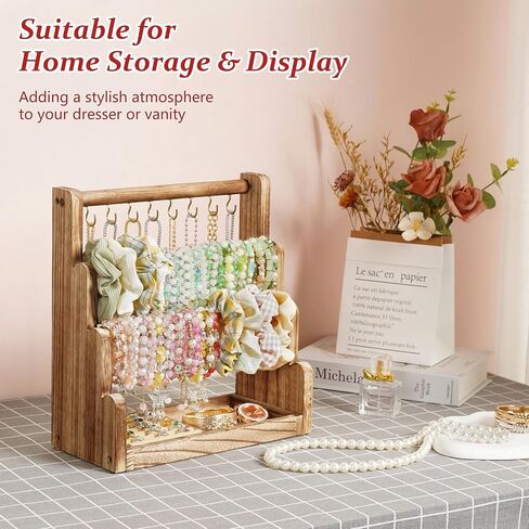 Emfogo Jewelry Organizer Stand, 4 Tier Wood Bracelet Holder With Necklace Holder, Rustic Large Capacity Jewelry Holder Display for Bracelets Bangles Necklaces Rings Watches Scrunchies (Rustic Brown) in Saudi Arabia