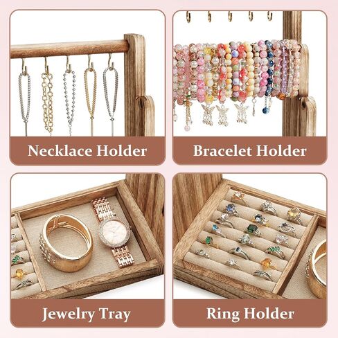 Emfogo Jewelry Organizer Stand, 4 Tier Wood Bracelet Holder With Necklace Holder, Rustic Large Capacity Jewelry Holder Display for Bracelets Bangles Necklaces Rings Watches Scrunchies (Rustic Brown) in Saudi Arabia