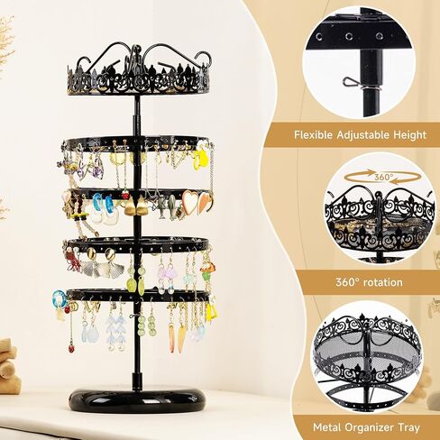 5 Tier Rotating Earring Holder Organizer Stand,Adjustable Metal Jewelry Organizer for Women,Pierced and Dangle Earring with 176 Holes.Top Wide tray Suitable for Bracelets,Watches,Lipsticks. in Saudi Arabia