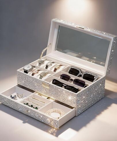 Bling Jewelry Organizer Holder Display Box Case Crystal Rhinestones Watch Box Case Sunglasses Storage Organizer Lockable with Glass Top and PU Leather in Saudi Arabia
