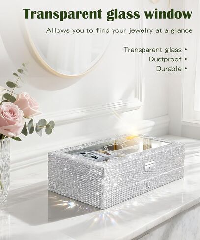 Bling Jewelry Organizer Holder Display Box Case Crystal Rhinestones Watch Box Case Sunglasses Storage Organizer Lockable with Glass Top and PU Leather in Saudi Arabia
